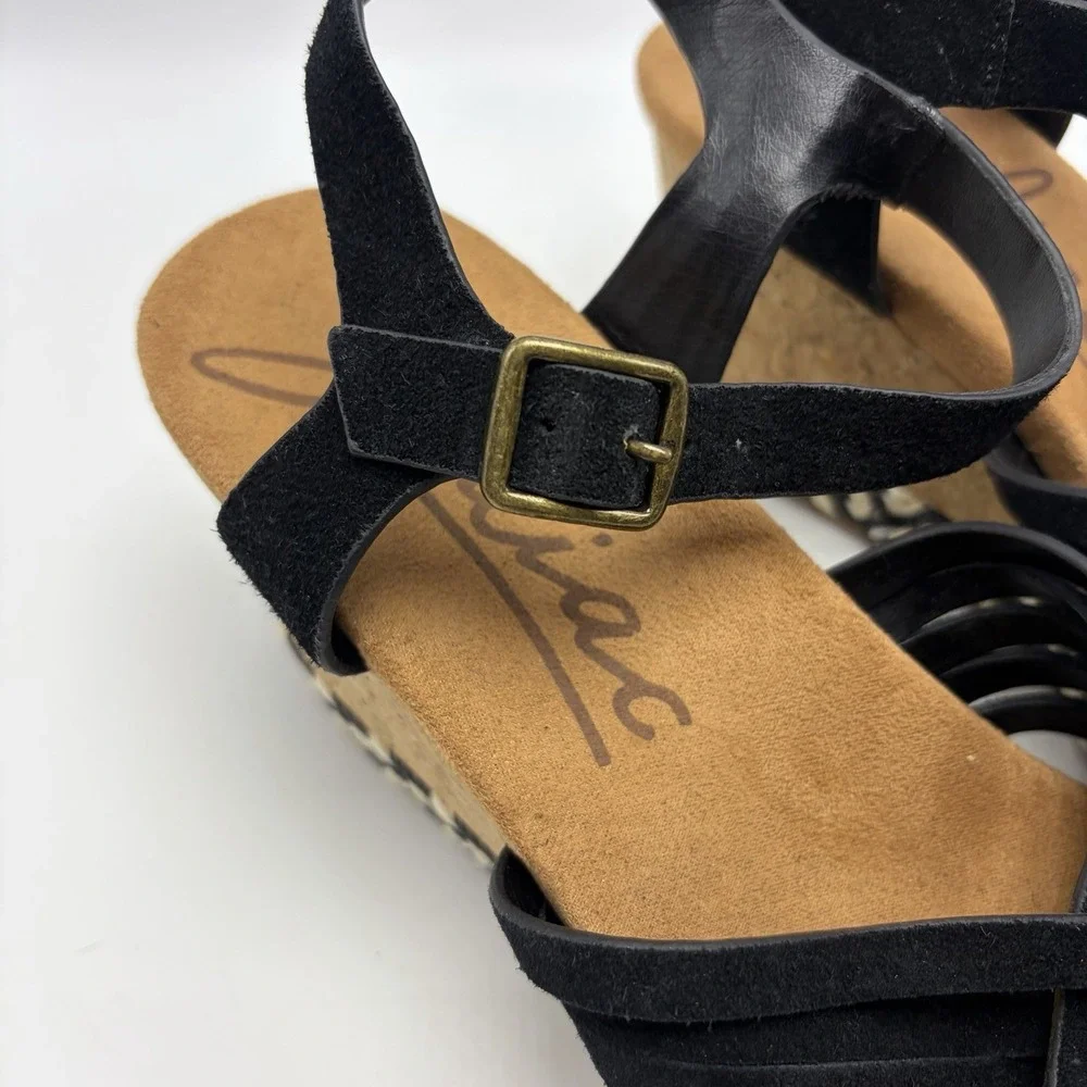 Zodiac Sandals Womens 10 M Paola Black Leather Wedge Espadrilles Cork Wedge